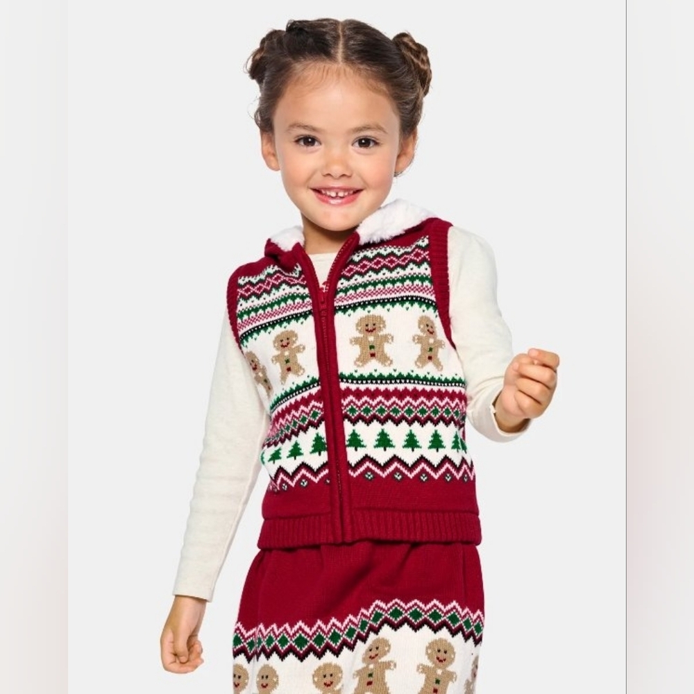Gymboree Zip Front Hooded Sweayer Red Knit Vest with Holiday Gingerbread Pattern